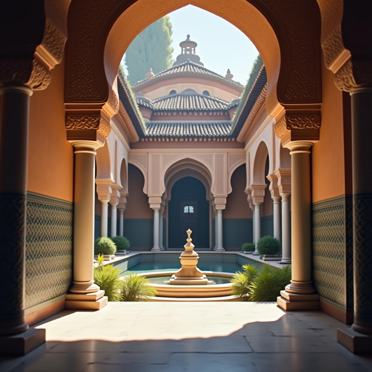 Detalle arquitectónico de los patios de la Alhambra de Granada, un icono del patrimonio histórico y cultural.