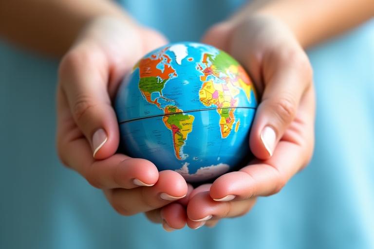 Globo terráqueo sostenido por unas manos, simbolizando protección y seguridad en viajes.