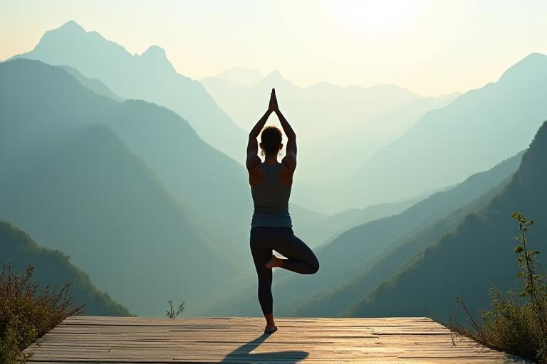 Una persona practicando yoga en una plataforma con vistas a un valle montañoso.
