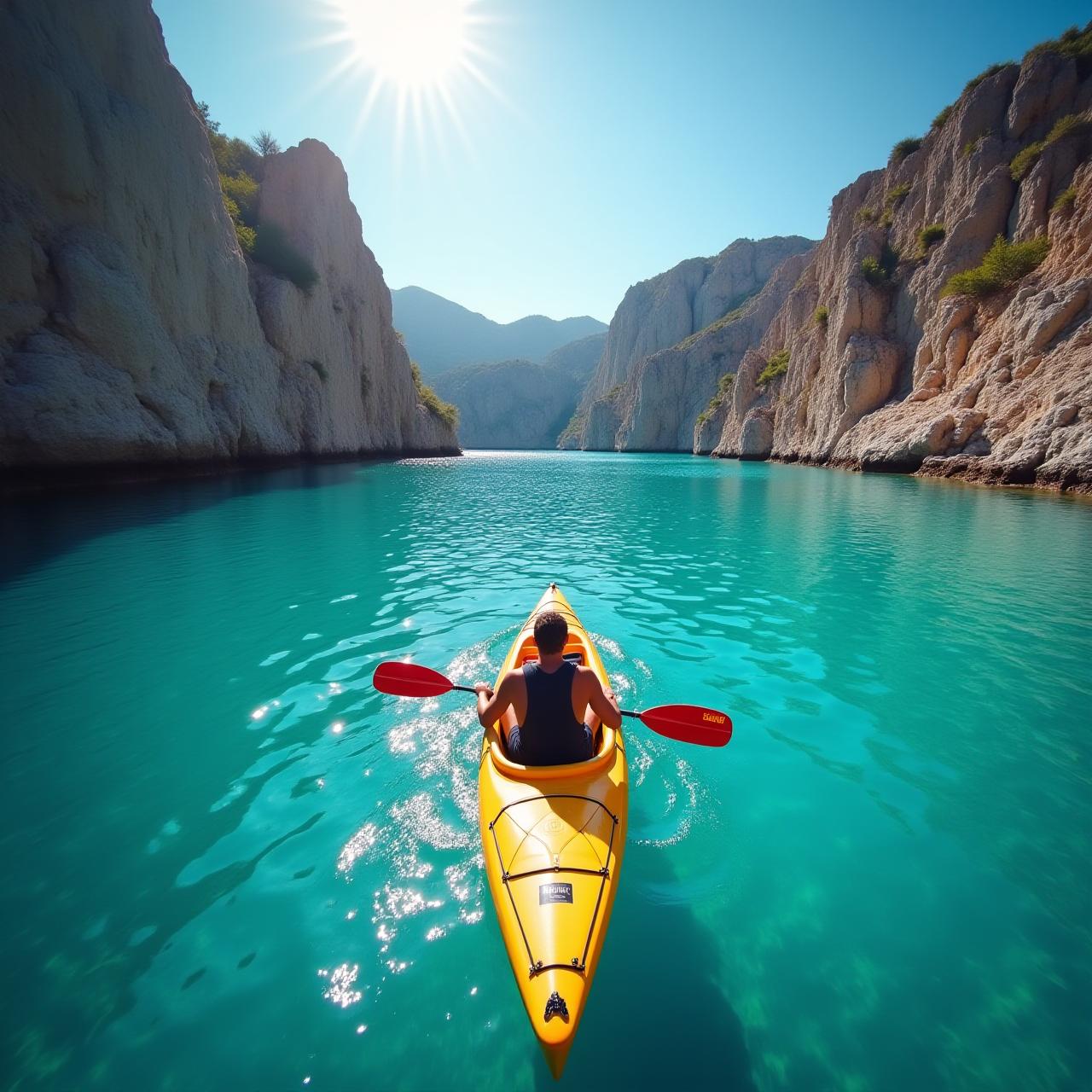 Una persona remando en kayak en aguas turquesas cerca de una costa rocosa, representando el turismo de aventura