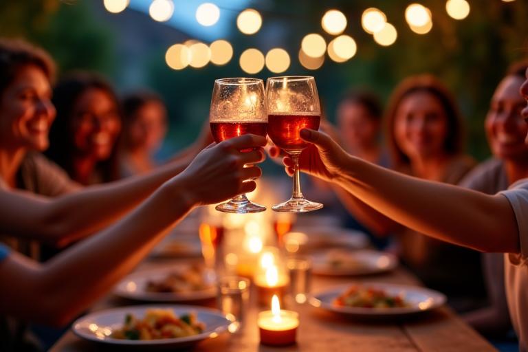 Un grupo de personas diversas brindando alegremente en una cena al aire libre.