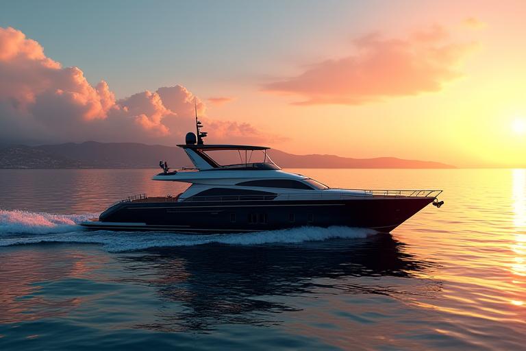 Yate de lujo navegando en el mar Mediterráneo al atardecer.