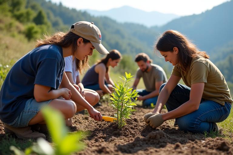 Grupo de voluntarios plantando árboles en una ladera, representando el turismo sostenible.